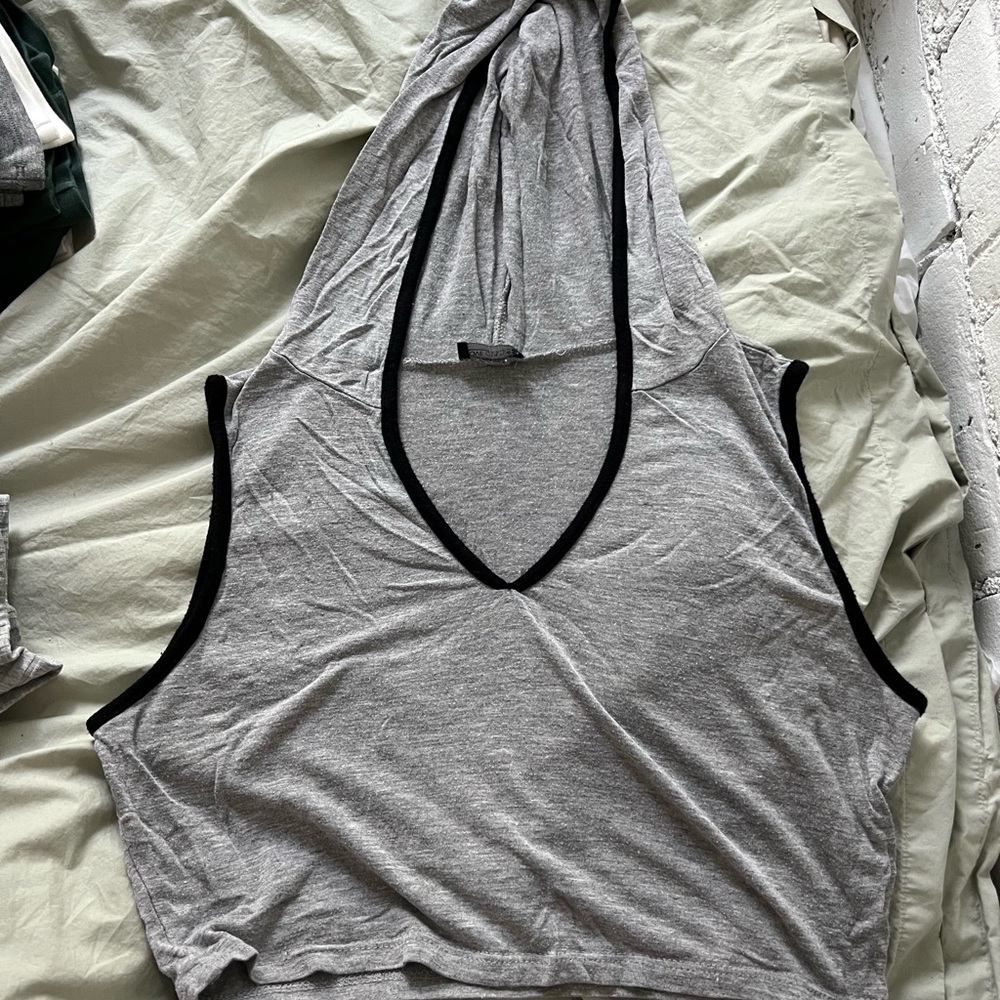 Love Culture Gray Sleeveless Hooded Crop Top with Black Trim